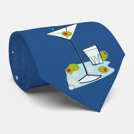 Retro 50s Martini Glass Party Time Royal Blue Stropdas (Opgerold)