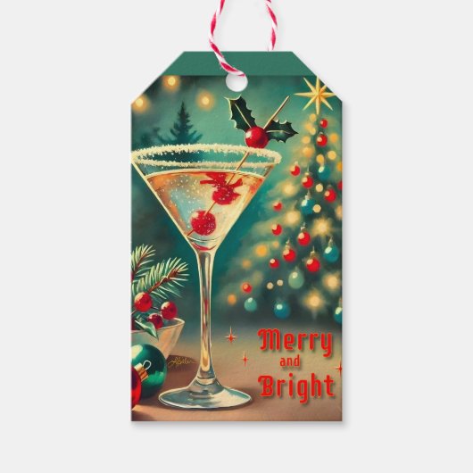 Retro 50s Merry Bright Christmas Cocktail Martini Cadeaulabel (Voorkant)