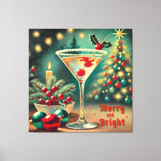 Retro 50s Merry Bright Christmas Cocktail Martini Canvas Afdruk (Voorkant)