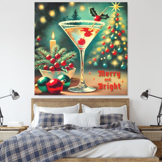 Retro 50s Merry Bright Christmas Cocktail Martini Canvas Afdruk (Insitu (Slaapkamer))
