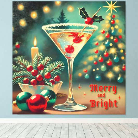 Retro 50s Merry Bright Christmas Cocktail Martini Canvas Afdruk (Insitu (Houten vloer))