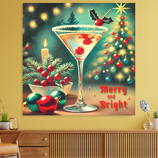 Retro 50s Merry Bright Christmas Cocktail Martini Canvas Afdruk (Insitu (Woonkamer))