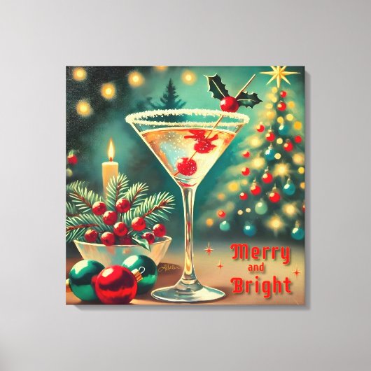 Retro 50s Merry Bright Christmas Cocktail Martini Canvas Afdruk (Voorkant)
