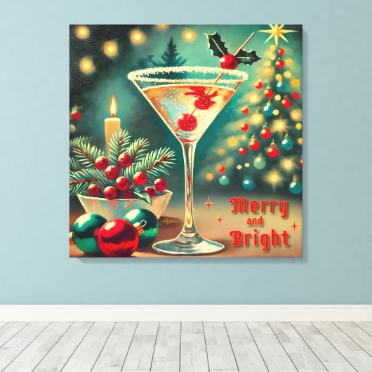 Retro 50s Merry Bright Christmas Cocktail Martini Canvas Afdruk (Insitu (Houten vloer))