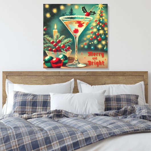 Retro 50s Merry Bright Christmas Cocktail Martini Canvas Afdruk (Insitu (Slaapkamer))