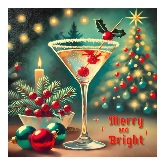 Retro 50s Merry Bright Christmas Cocktail Martini Foto Afdruk (Voorkant)