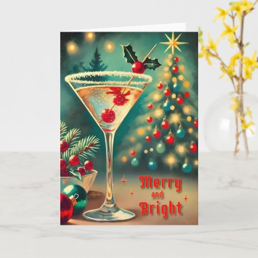 Retro 50s Merry Bright Christmas Cocktail Martini Kaart (Gele Bloem)