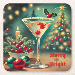 Retro 50s Merry Bright Christmas Cocktail Martini Kartonnen Onderzetters