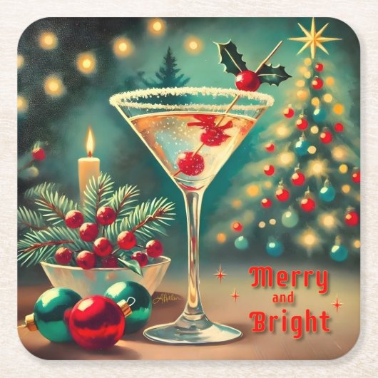 Retro 50s Merry Bright Christmas Cocktail Martini Kartonnen Onderzetters (Voorkant)