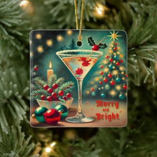 Retro 50s Merry Bright Christmas Cocktail Martini Keramisch Ornament