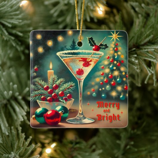 Retro 50s Merry Bright Christmas Cocktail Martini Keramisch Ornament (Boom)