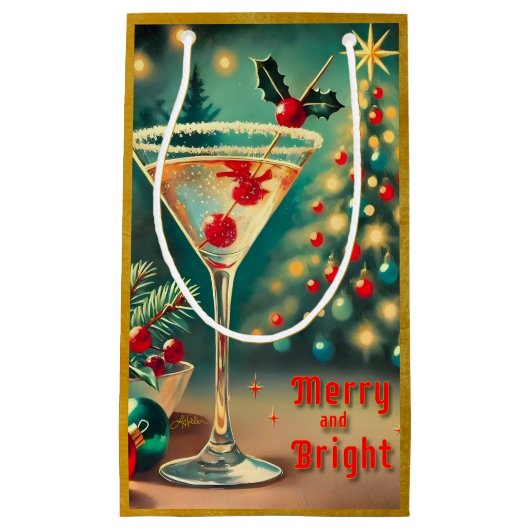 Retro 50s Merry Bright Christmas Cocktail Martini Klein Cadeauzakje (Voorkant)