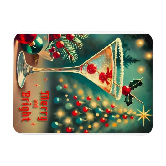 Retro 50s Merry Bright Christmas Cocktail Martini Magneet (Horizontaal)