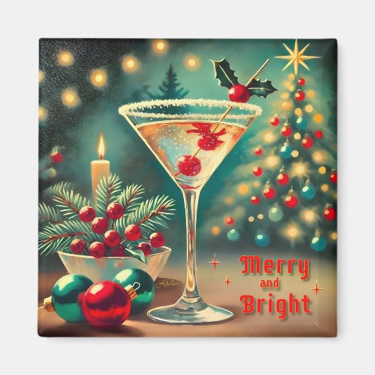 Retro 50s Merry Bright Christmas Cocktail Martini Magneet (Voorkant)