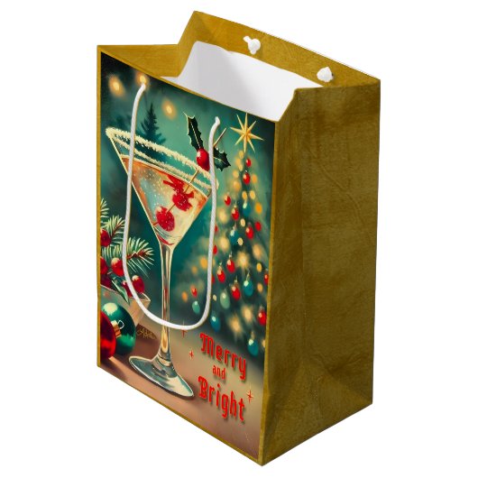 Retro 50s Merry Bright Christmas Cocktail Martini Medium Cadeauzakje (Voorkant Gekanteld)