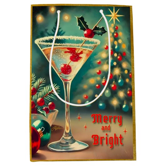 Retro 50s Merry Bright Christmas Cocktail Martini Medium Cadeauzakje (Voorkant)