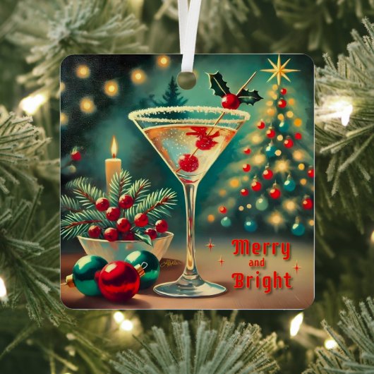 Retro 50s Merry Bright Christmas Cocktail Martini Metalen Ornament (Insitu)