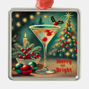 Retro 50s Merry Bright Christmas Cocktail Martini Metalen Ornament