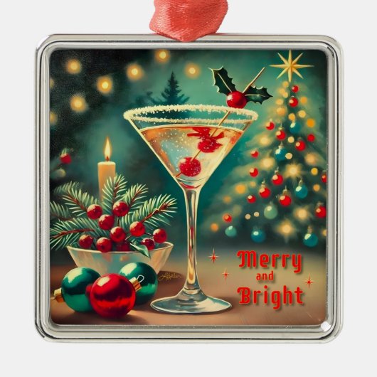 Retro 50s Merry Bright Christmas Cocktail Martini Metalen Ornament (Voorkant)