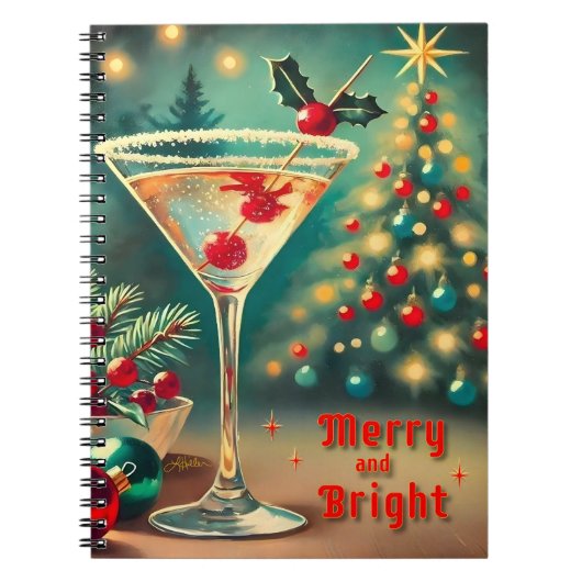 Retro 50s Merry Bright Christmas Cocktail Martini Notitieboek (Voorkant)