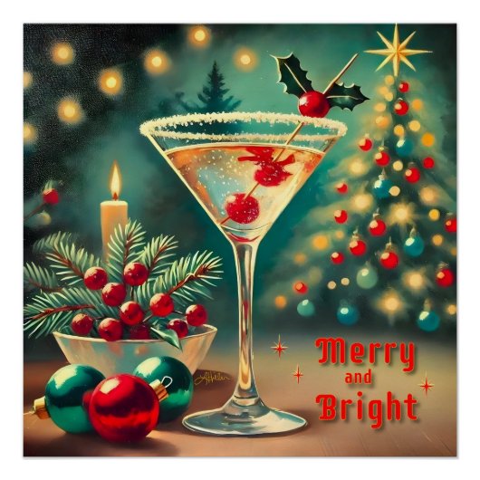 Retro 50s Merry Bright Christmas Cocktail Martini Perfect Poster (Voorkant)
