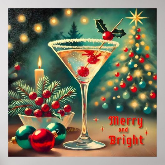 Retro 50s Merry Bright Christmas Cocktail Martini Poster (Voorkant)