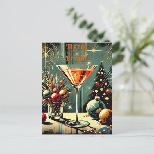 Retro 50s Merry & Bright Christmas Martini Briefkaart (Staand voorkant)