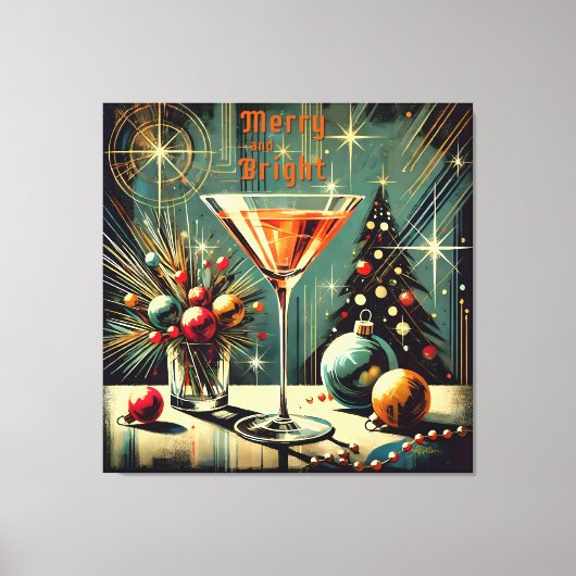 Retro 50s Merry & Bright Christmas Martini Canvas Afdruk (Voorkant)