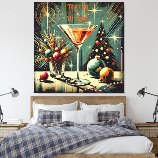 Retro 50s Merry & Bright Christmas Martini Canvas Afdruk (Insitu (Slaapkamer))