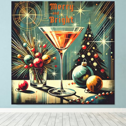 Retro 50s Merry & Bright Christmas Martini Canvas Afdruk (Insitu (Houten vloer))
