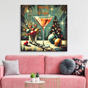 Retro 50s Merry & Bright Christmas Martini Canvas Afdruk