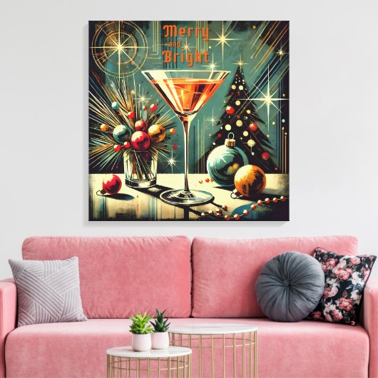 Retro 50s Merry & Bright Christmas Martini Canvas Afdruk (Insitu (Woonkamer))