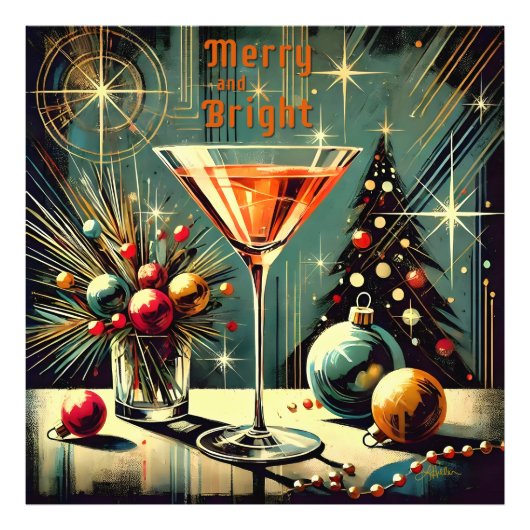 Retro 50s Merry & Bright Christmas Martini Foto Afdruk (Voorkant)