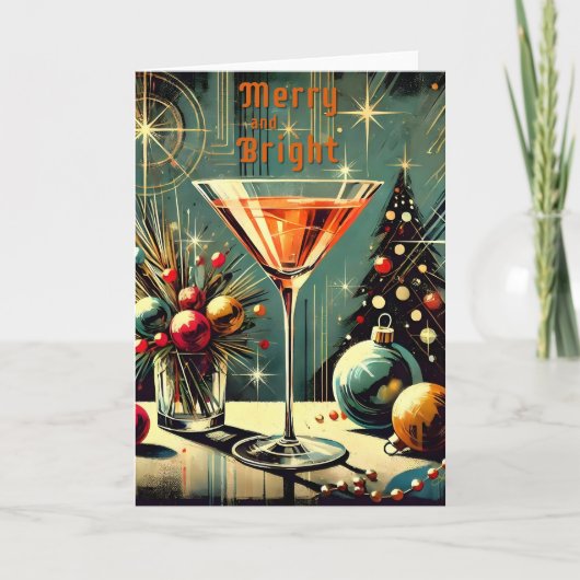 Retro 50s Merry & Bright Christmas Martini Kaart (Voorkant)