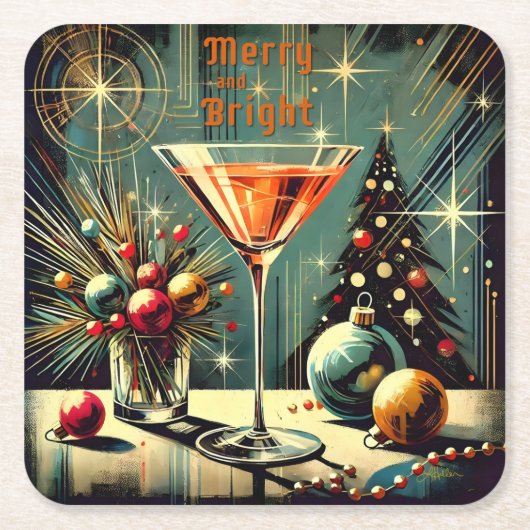 Retro 50s Merry & Bright Christmas Martini Kartonnen Onderzetters (Voorkant)