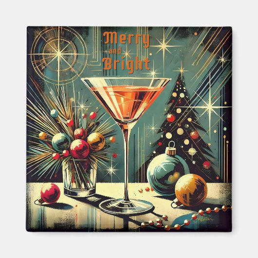 Retro 50s Merry & Bright Christmas Martini Magneet (Voorkant)