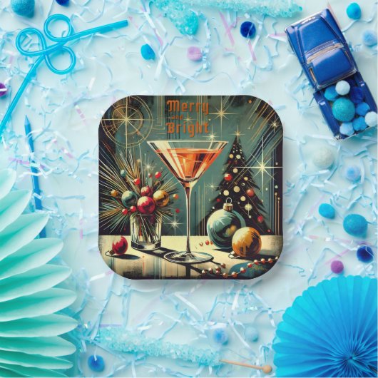 Retro 50s Merry & Bright Christmas Martini Papieren Bordje (Feest)