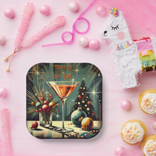 Retro 50s Merry & Bright Christmas Martini Papieren Bordje (Feest)