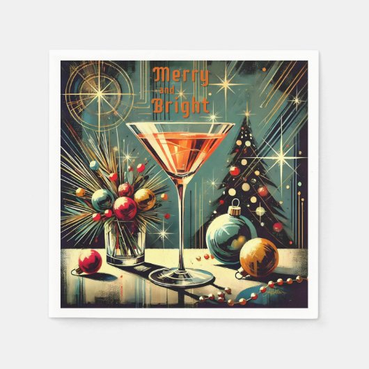 Retro 50s Merry & Bright Christmas Martini Servet (Voorkant)