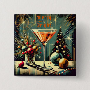 Retro 50s Merry & Bright Christmas Martini Vierkante Button 5,1 Cm