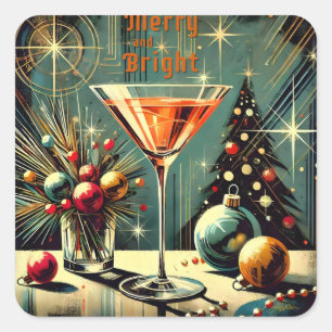 Retro 50s Merry & Bright Christmas Martini Vierkante Sticker