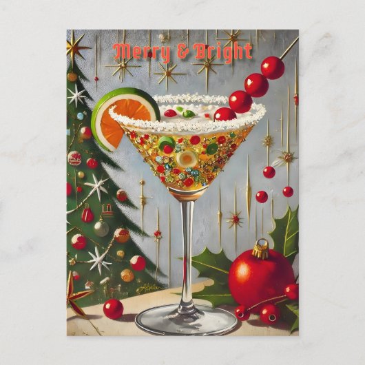 Retro 50s Merry Bright Christmas Snoep Cocktail Briefkaart (Voorkant)