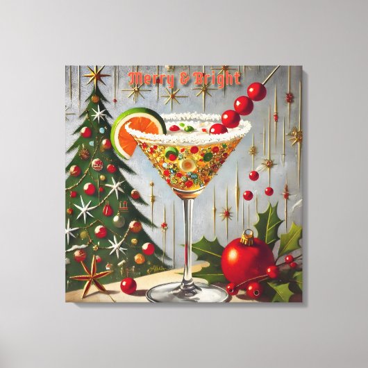 Retro 50s Merry Bright Christmas Snoep Cocktail Canvas Afdruk (Voorkant)