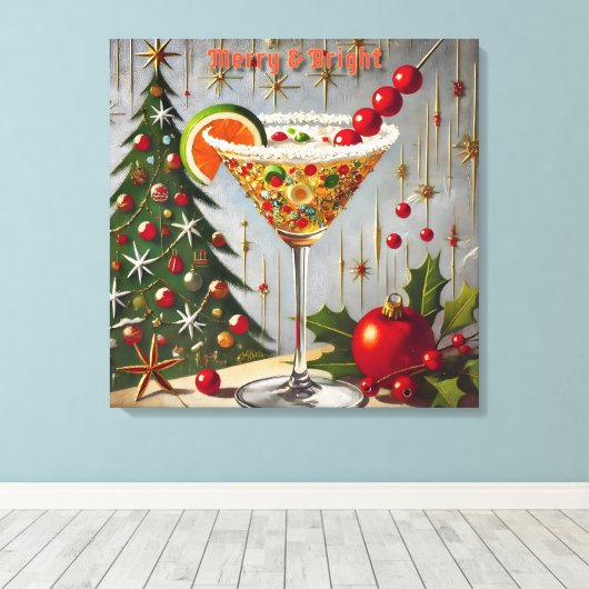 Retro 50s Merry Bright Christmas Snoep Cocktail Canvas Afdruk (Insitu (Houten vloer))