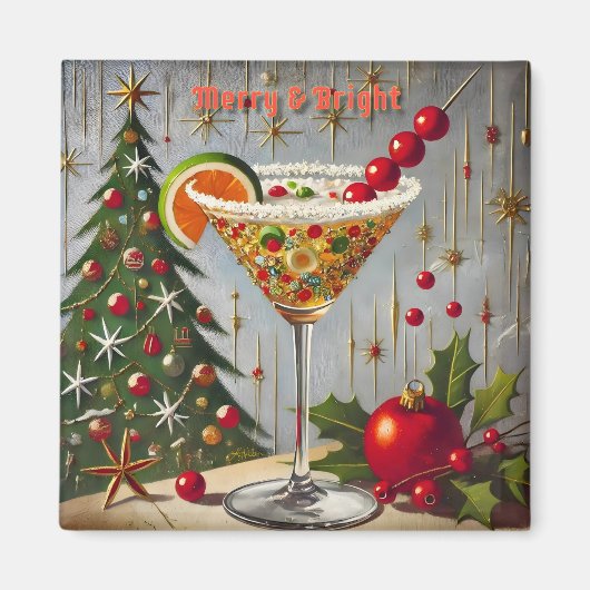 Retro 50s Merry Bright Christmas Snoep Cocktail Magneet (Voorkant)