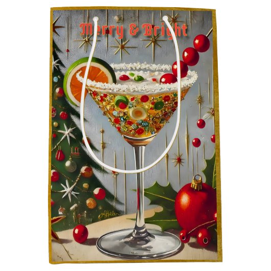 Retro 50s Merry Bright Christmas Snoep Cocktail Medium Cadeauzakje (Voorkant)