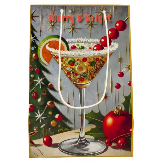 Retro 50s Merry Bright Christmas Snoep Cocktail Medium Cadeauzakje (Achterkant)