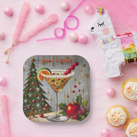 Retro 50s Merry Bright Christmas Snoep Cocktail Papieren Bordje (Feest)