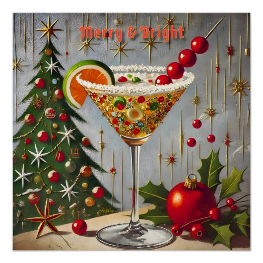 Retro 50s Merry Bright Christmas Snoep Cocktail Perfect Poster (Voorkant)
