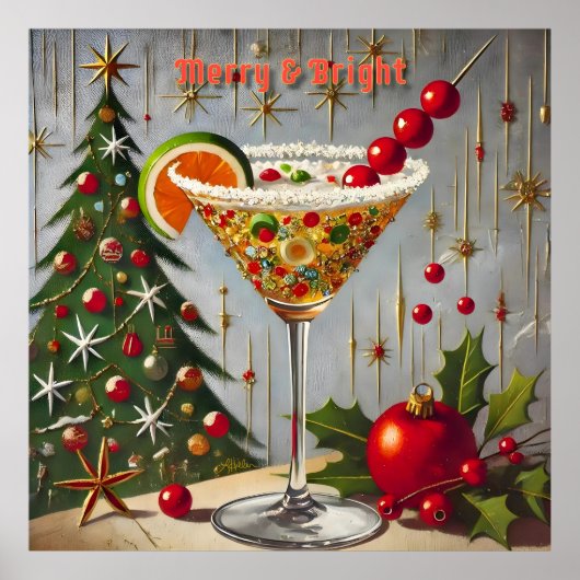 Retro 50s Merry Bright Christmas Snoep Cocktail Poster (Voorkant)